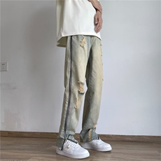 高街vibe裤男夏季黄泥染破洞牛仔裤侧边全开拉链微喇裤RK545-P53，男装牛仔裤，星座412-3