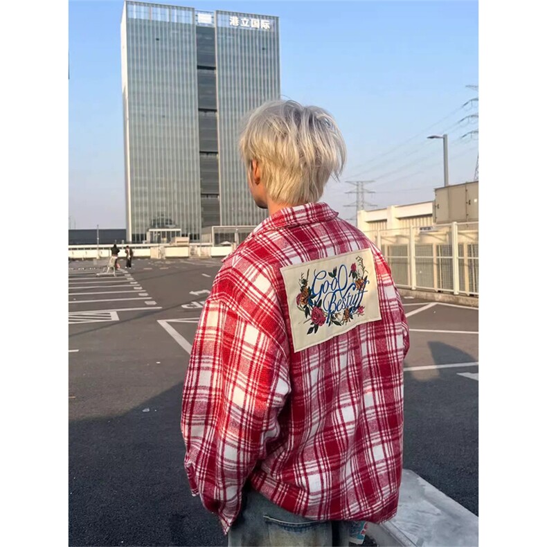 网图有货 拼接长袖衬衫红格子贴布刺绣毛呢夹克外套男女 A987-P48图片