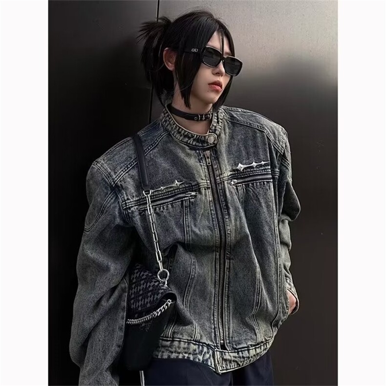 现货 高街短款牛仔外套男春秋款拉链设计感垫肩情侣款牛仔衣夹克图片