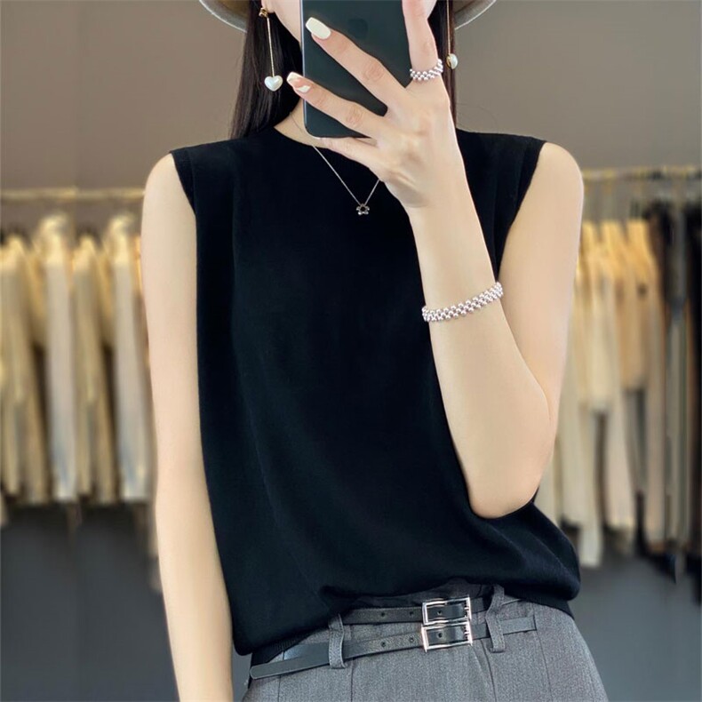 一线成衣短袖女圆领薄款纯色无袖软糯打底针织衫宽松T恤,女装背心吊带,暖烁羊绒