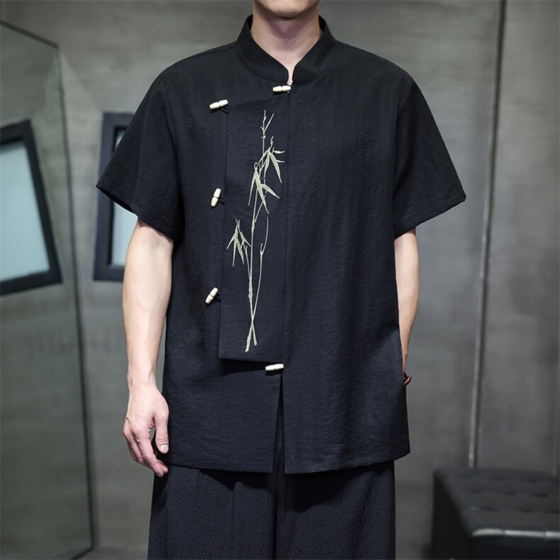 风（折枝金竹）棉麻混纺拼接绣花木头扣宽松立领短袖衬衫,男装T恤,星座305A（原312A-1）
