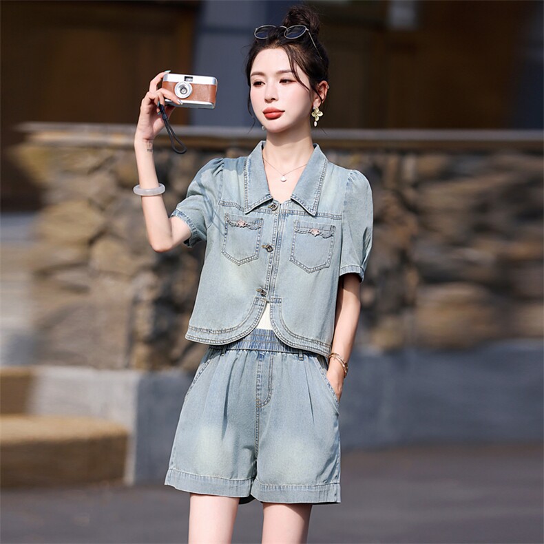 牛仔短裤套装女夏2025新款时尚洋气时髦小个子今年流行休闲两件套,女装套装/套裙,意芙