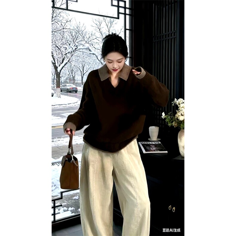 重磅北极绒假两件衬衫领毛衣美式高街复古休闲慵懒纯色翻领针织衫,男装针织衫/毛衣,电商A486