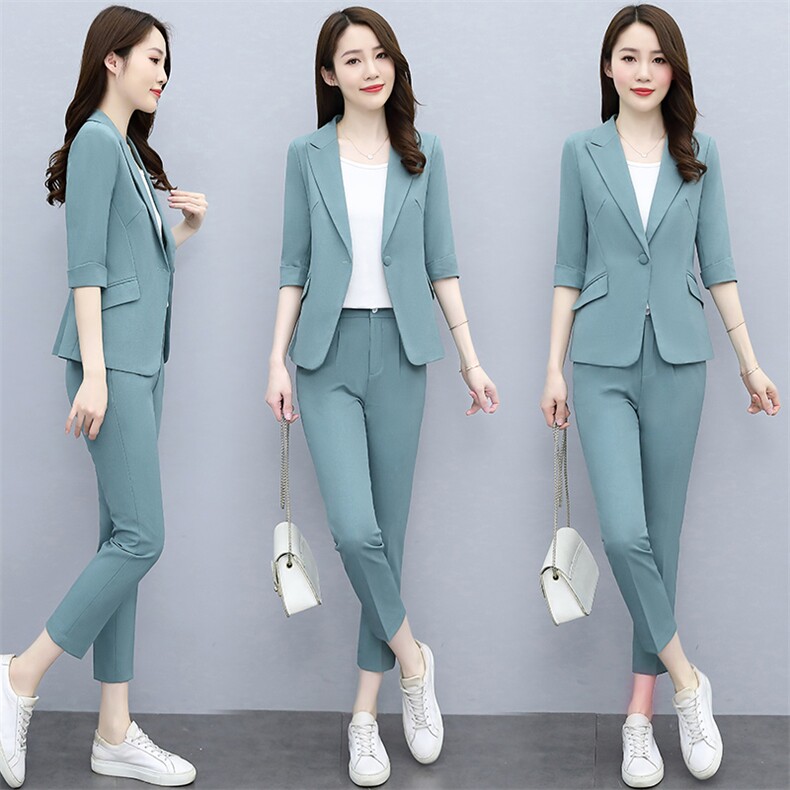 西装套装女2023夏季新款中袖薄款时尚休闲小个子职业西服两件套潮图片