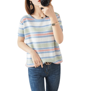 22新款拼色棉麻短袖女圆领条纹纯棉针织T恤宽松大码薄款半袖上衣图片