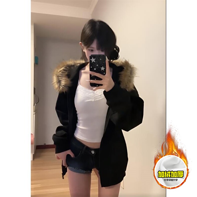 480G重磅加绒硬挺boxy秋冬美式高街超大毛领座山雕连帽卫衣厚外套，女装短外套，电商A486-1