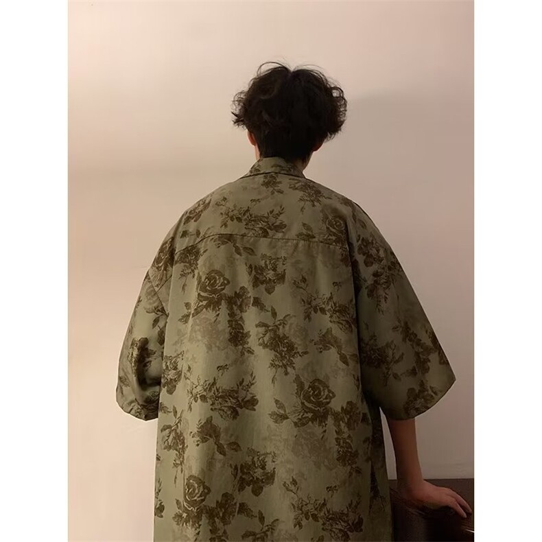 日系复古夏季碎花设计感男女短袖衬衫宽松ins小众中性风情侣衬衣,男装衬衫,星座601-2