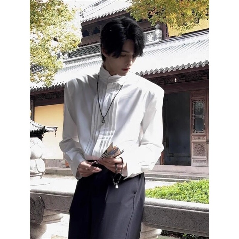 新中式国风宫廷垫肩衬衫男早秋cleanfit廓形褶皱立领汉服长袖衬衣,男装衬衫,星座908-1