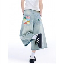 美式复古字母印花牛仔七分裤男女夏季高街宽松显瘦阔腿短裤潮，男装牛仔裤，星座410-6（原星座1304-1）