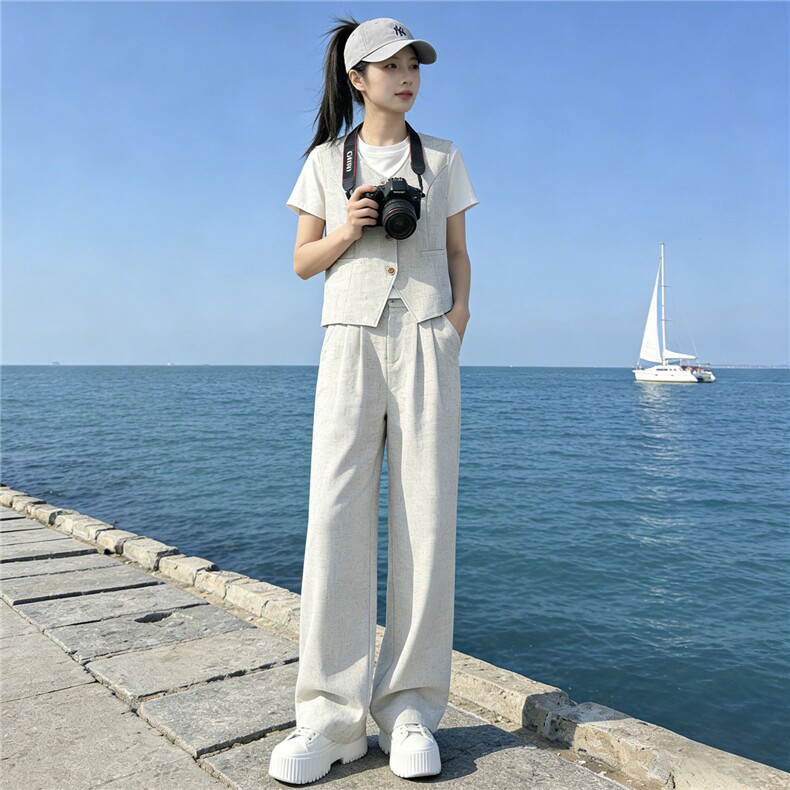 小个子穿搭套装春季新款圆领纽扣马甲上衣内搭白色T恤长裤三件套,女装套装/套裙,江南