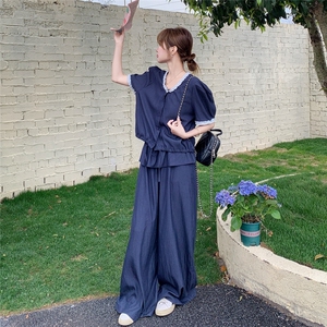 藏青色蕾丝拼接阔腿裤套装女夏2025新款两件套俏皮活泼韩版高级感图片