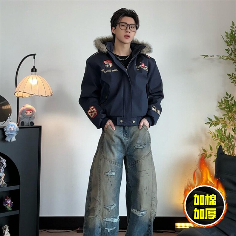 现货高品质美式高街重磅刺绣座山雕大毛毛领棉衣男女加厚棉服外套，男装棉衣，电商A486-1