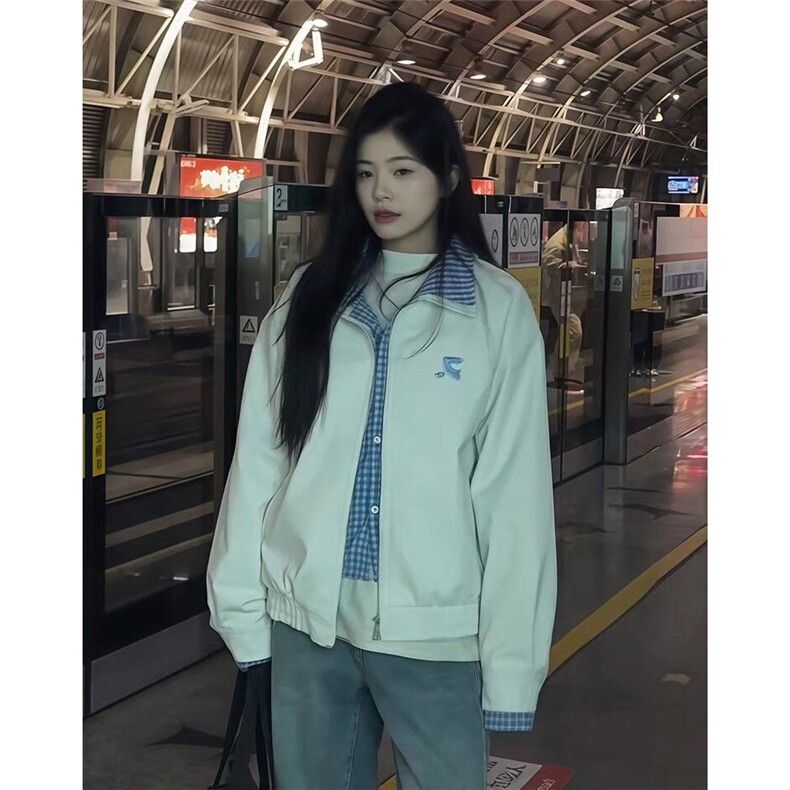 美式复古假两件格子拼接皮衣夹克男女2025春秋冬新款宽松休闲外套,男装皮衣,星座506A