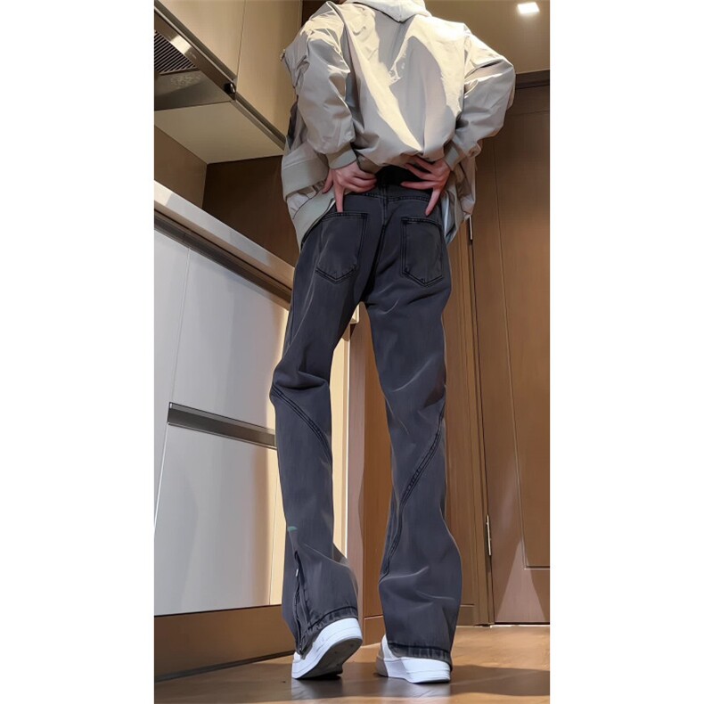 【现货】美式高街牛仔裤男vibe设计感拉链微喇直筒长裤KN330-P60图片