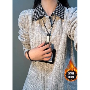 假两件衬衫领针织毛衣男女秋冬加绒条纹长袖打底衫 M3372图片