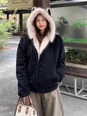 网图座山雕秋冬季连帽猫耳朵棉衣男女情侣装棉服外套潮流特P99，男装棉衣，电商C306-1