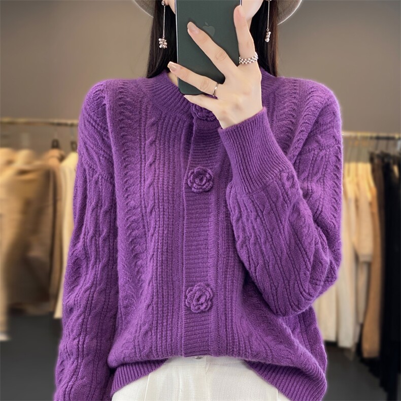 25秋冬圆领100%纯羊毛开衫女花朵提花毛衣宽松休闲羊绒衫针织外套,女装羊毛衫,鹿一羊绒