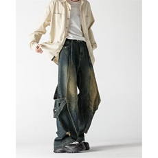 美式高街潮牌青春时尚百搭直筒复古做旧水洗拼接设计牛仔裤，男装牛仔裤，星座601-2