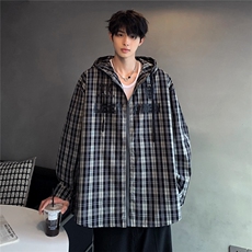 美式潮连帽衬衫格子衬衫上衣春季新款宽松慵懒风CS05-P65，男装衬衫，电商C307