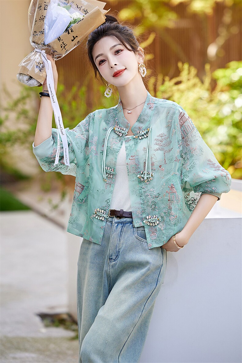 新中式外套女初春秋季2025新款小个子刺绣印花薄款防晒衣,女装防晒衣,关键词
