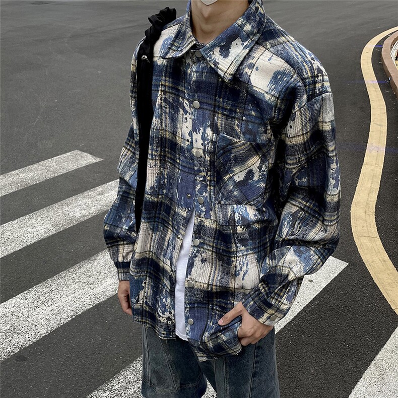 水墨晕染毛边格子衬衫开衫外套潮流男宽松初秋上衣C172/P55,男装衬衫,星座506A