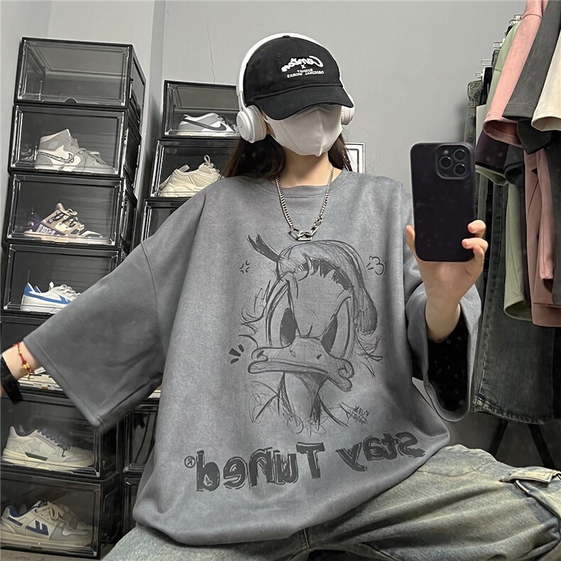 深灰色皮卡丘T恤男夏季麂皮绒重磅短袖美式高街oversize半袖体恤图片