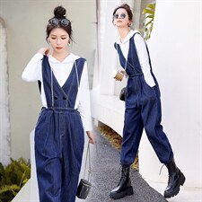 时尚显瘦牛仔背带连体裤女宽松高腰减龄休闲长裤百搭学生工装裤，女装连体裤，秋水欣儿