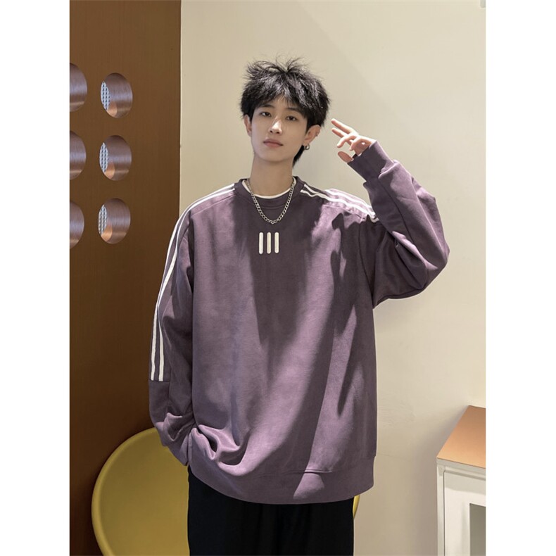 美式麂皮绒卫衣男复古条纹套头上衣宽松外套914-4-WY05-P55控68图片