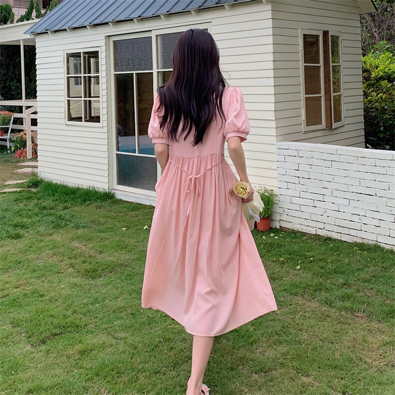 粉色甜美珠串挂脖连衣裙女2025夏季新款法式气质露肩收腰显瘦长裙,女装连衣裙,莘蕾