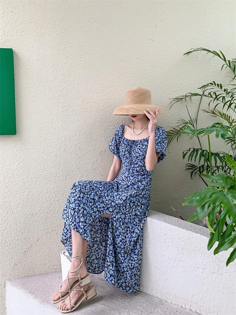 现货蓝色妖姬开叉法式连衣裙，女装连衣裙，TOP.1