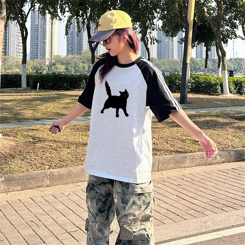 抖音得物品质二开240克宽松纯棉美式潮牌插肩三杠织带短袖T恤,男装T恤,电商A486
