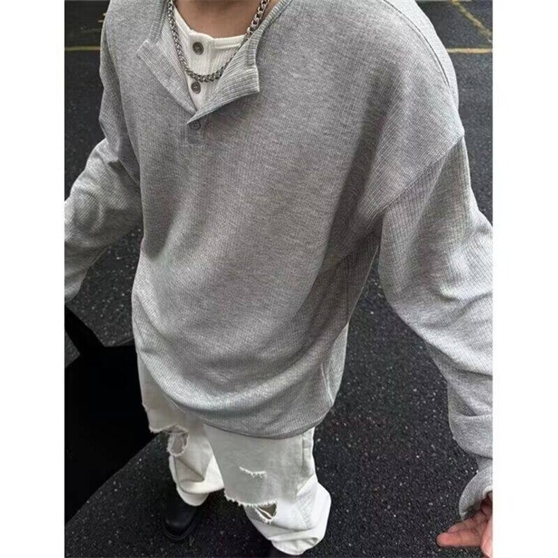 假两件亨利领长袖t恤新款重磅内搭打底衫宽松上衣服ZZS03P30,男装T恤,电商D256-2(原A064-2)