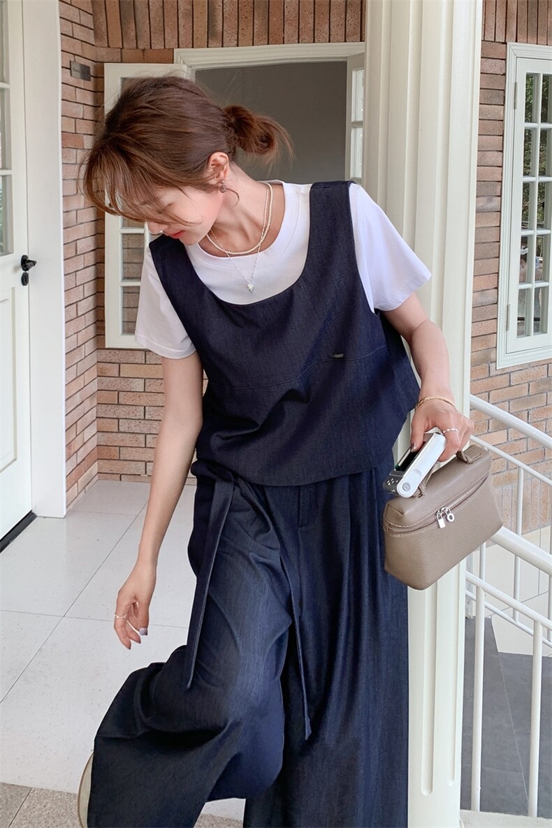 韩系复古马甲套装裤女2025夏季新款显瘦短袖T恤阔腿裤休闲三件套,女装套装/套裙,2C086
