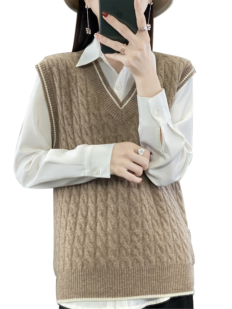 2023秋冬款V领麻花衫女无袖叠穿加厚宽松打底衫马甲上,女装马甲,蒙莲贝斯