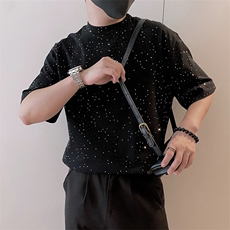8960/P68控98夏季社会小伙爆闪满天星烫砖工艺短袖T恤男黑首2，男装T恤，星座305B