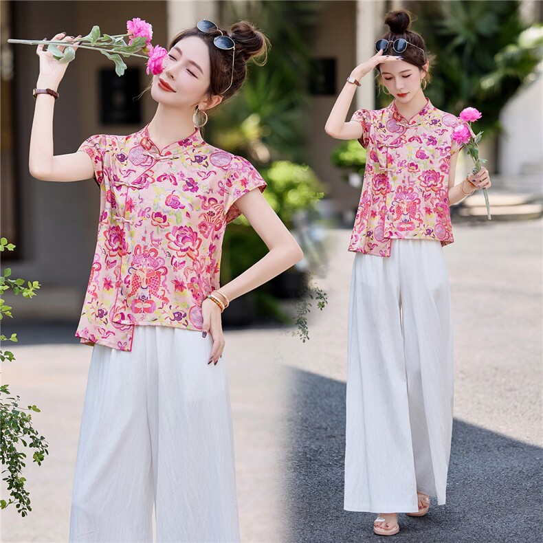 新中式风套装女2025夏季新款大方得体气质旗袍阔腿裤穿搭一整套，女装套装/套裙，韩宇舍