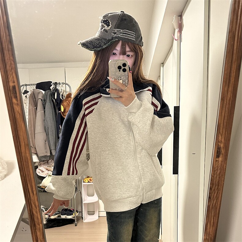 抖音得物高品质26春装美式高街重磅织带拼接撞色立领卫衣外套CM41,女装短外套,电商A486