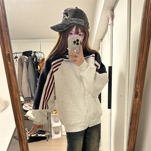 抖音得物高品质26春装美式高街重磅织带拼接撞色立领卫衣外套CM41图片