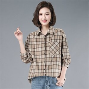 2021年春季POLO领格子衬衫女通勤韩版宽松磨毛衬衣外套图片