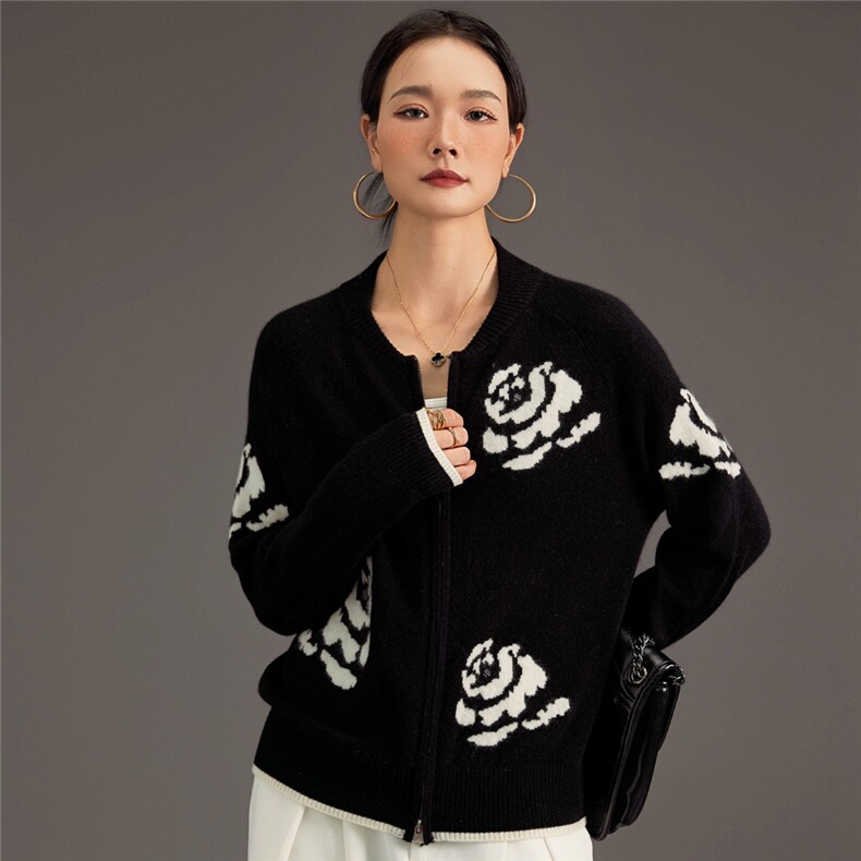 2025新款舒适时尚百搭山茶花拉链开衫,女装羊绒衫,鑫萬耀羊绒