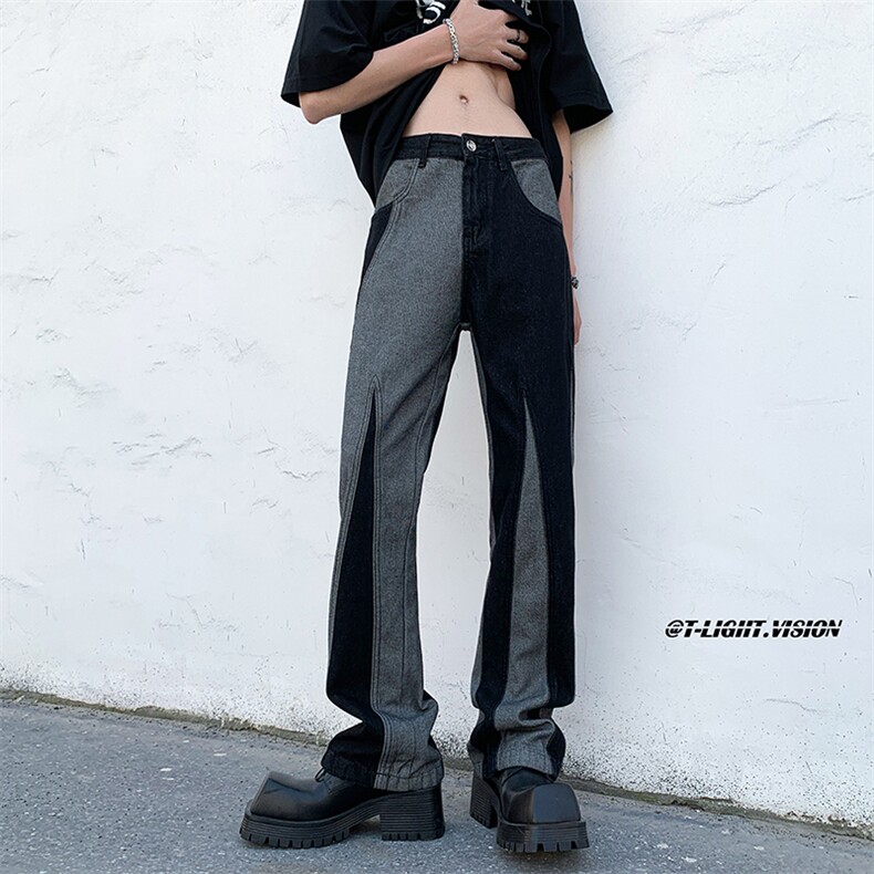 B221美式ins高街小众情侣个性款拼接微喇牛仔裤LK23095-P65控88,男装牛仔裤,电商B221