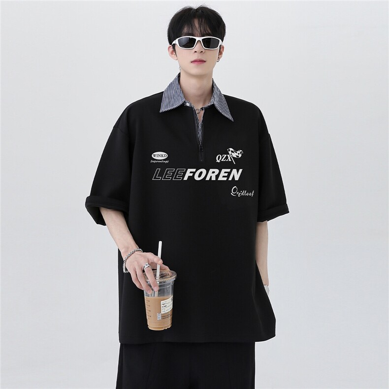 日系cleanfit高级感美式潮流半拉链polo衫假两件半袖短袖T170-P48,男装Polo衫,电商C307