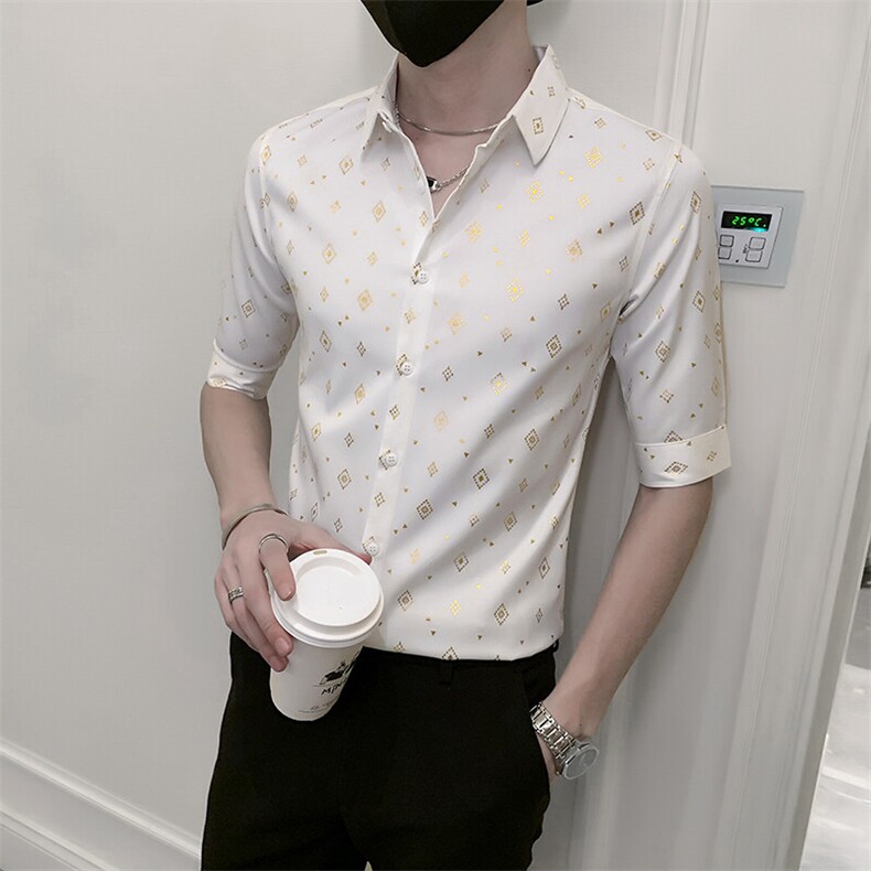 店主风社会小伙男士七分袖衬衫男修身印花衬衣301A-1/CS353/P55,男装衬衫,星座301A-1