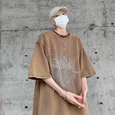 B239-1090-P38闪电字母印花复古水洗做旧重磅落肩袖短袖T恤，男装T恤，星座514-2(原B239)