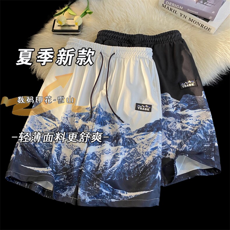 印花雪山五分裤男2025夏季新款短裤沙滩裤休闲裤衩中裤K1080-P26,男装牛仔裤,星座207