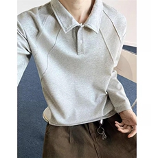 抖音得物高品质美式高街重磅曼巴棉结构螺纹拼接翻领卫衣长袖T恤，男装T恤，电商A486