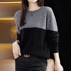 时尚拼色圆领羊毛衫休闲百搭显瘦长袖针织衫，女装羊毛衫，丽特绒