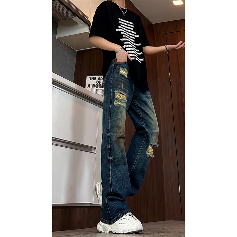 B221美式ins高街暗黑宽松直筒破洞喷墨乞丐牛仔裤LK24202-P60控78,男装牛仔裤,电商B221