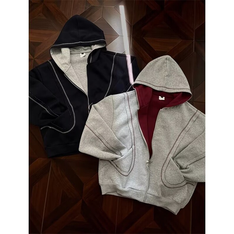 潮牌复古开衫连帽卫衣外套男宽松基础百搭休闲帽衫513AKS2407P53，女装短外套，星座513A