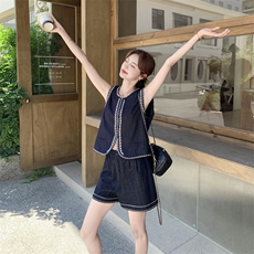 韩版设计感民族风刺绣牛仔套装女2025夏季新款休闲马甲短裤两件套，女装套装/套裙，2C159